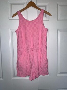 Old Navy Pink Terry Romper XXL 18 Checkered Drawstring Pockets Casual